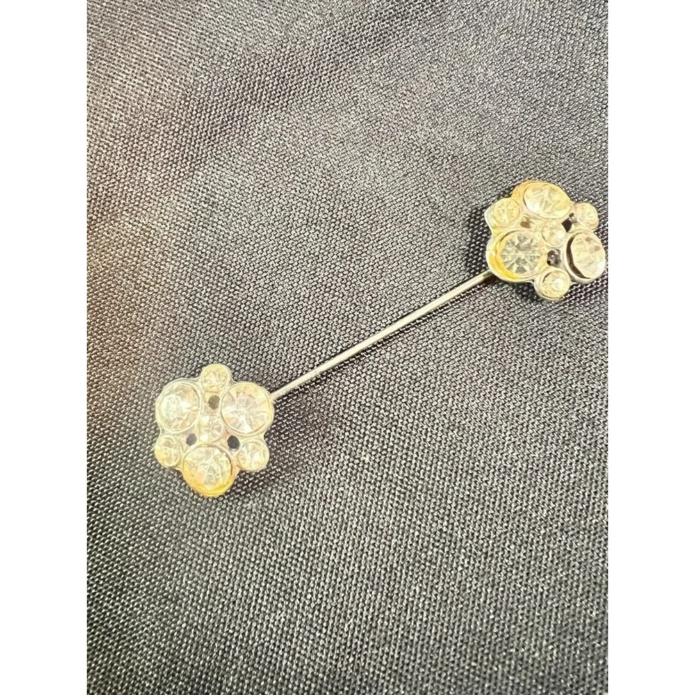 Vintage Rhinestone Collar Pin Silver Tone Double Floral Ends Bar Brooch 2.25
